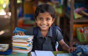 A young child holding a book and smiling, surrounded by school supplies like pencils and notebooks.