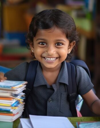 A young child holding a book and smiling, surrounded by school supplies like pencils and notebooks.