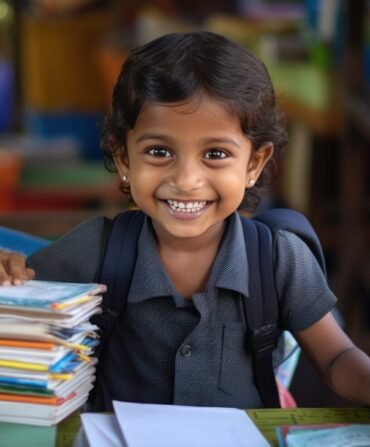 A young child holding a book and smiling, surrounded by school supplies like pencils and notebooks.
